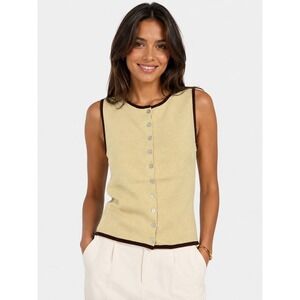 NWOT Zara Knit Button Front Vest Yellow Brown Contrast Trim Minimalist S  New